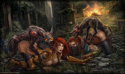 all_fours armor bestiality blue_eyes bodily_fluids breasts brown_hair claws clothed clothing crate cum death female female_on_feral feral fire forced from_behind_position genital_fluids glowing glowing_eyes green_eyes group hair human_on_feral interspecies jewelry licking male male/female necklace one_eye_closed partially_clothed rape red_hair saliva sex sharp_teeth shield teeth text toe_claws tongue tongue_out unconvincing_armor vempire dark_souls fromsoftware loa minyerva canid canine canis domestic_dog human mammal undead 2014 url