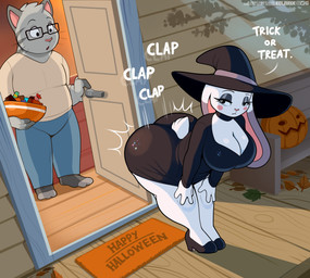 anthro ass_clapping bent_over big_breasts big_butt biped black_clothing bottomwear breasts butt clothing dialogue duo eyewear female footwear glasses hat headgear headwear high_heels huge_butt male onomatopoeia pants shirt shoes sound_effects text thick_thighs topwear white_body witch_hat colarix colarix_(fursona) lagomorph leporid mammal rabbit 2025 absurd_res english_text hi_res