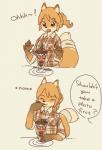 anthro black_eyes black_nose clothed clothing cutlery dessert eating eyes_closed female flannel_shirt food fur hair kemono kitchen_utensils open_mouth orange_body orange_fur orange_hair parfait_(dessert) plate shirt simple_background smile solo speech_bubble spoon tail tail_wraps tan_body tan_fur text tools topwear white_background wide_eyed wraps yagi_the_goat shizuku_(yagi) canid canine fox mammal english_text hi_res