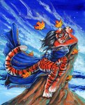 anthro autumn autumn_leaves black_body black_fur black_hair blue_eyes clothed clothing cloud dress female fur hair leaf night orange_body orange_fur rock sky solo star starry_sky tail whiskers white_body white_fur wind heather_bruton felid mammal pantherine tiger 2021