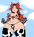 :3 animal_print animal_print_bikini animal_print_thigh_highs bikini clothing cow_print cow_print_armwear cow_print_bikini cow_print_bra cow_print_thigh_highs female front_view hair legwear looking_at_viewer looking_down looking_down_at_viewer low-angle_view nipple_outline pattern_bikini pattern_clothing pattern_legwear pattern_swimwear pattern_thigh_highs pube_peek pubes pubes_exposed red_hair solo swimwear thigh_highs two-piece_swimsuit wobastt nintendo the_legend_of_zelda malon animal_humanoid bovid bovid_humanoid bovine bovine_humanoid cattle_humanoid humanoid mammal mammal_humanoid hi_res