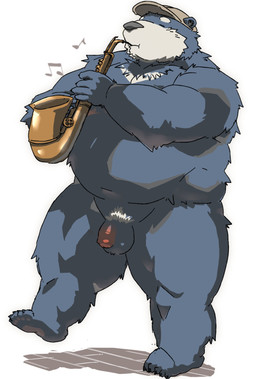 5_fingers 5_toes anthro belly big_belly biped black_nose eyes_closed feet fingers flaccid genitals humanoid_genitalia humanoid_hands humanoid_penis kemono male musical_instrument musical_note musical_symbol navel overweight overweight_male penis pubes saxophone simple_background solo standing symbol toes white_background wind_instrument woodwind_instrument kisukemk777 bear mammal 2026 absurd_res hi_res