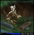 anthro black_markings forest fur male markings melee_weapon plant polearm rock solo spear tree weapon white_body white_fur philfox aki_silvertail canid canine fennec_fox fox mammal true_fox 2019 artist_name hi_res