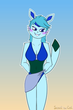 anthro big_breasts bikini blue_body blue_clothing blue_eyes blue_fur blue_hair blush breasts cleavage clothed clothing eyeliner female fur green_body green_fur hair hands_behind_back long_hair makeup navel smile solo swimwear tail towel towel_wrap two-piece_swimsuit scoutthecat02 nintendo pokemon lisa_devellis eeveelution generation_4_pokemon glaceon pokemon_(species) hi_res