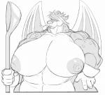 anthro areola big_breasts breasts cutlery female horn huge_breasts kitchen_utensils membrane_(anatomy) membranous_wings nipples non-mammal_breasts non-mammal_nipples obese obese_anthro obese_female overweight overweight_anthro overweight_female solo spoon tools wings laurel_dog mythology dragon mythological_creature mythological_scalie scalie monochrome