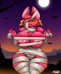 2016 5_fingers :3 ambient_bat ambient_flier ambient_silhouette anthro areola averyshadydolphin bandage bat big_breasts breasts chest_tuft clothing costume curvy_figure ear_piercing fangs female fingers fur group hair halloween hi_res holidays huge_breasts looking_at_viewer mammal moon mummy night nipples open_mouth outside piercing pink_body pink_fur pink_hair plant red_eyes silhouette solo_focus star teeth thick_thighs thigh_gap tree tuft undead vixie_(averyshadydolphin) voluptuous wide_hips yellow_sclera