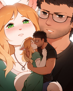 anthro black_clothing black_shirt black_topwear blush blush_lines brown_eyes clothing dress duo eyes_closed eyewear female female_anthro fur glasses green_eyes hair hug human_on_anthro interspecies jewelry kissing long_hair looking_at_another male male/female male_human necklace shirt short_hair simple_background tail topwear wearing_glasses white_background white_body white_fur coff domestic_cat felid feline felis human mammal absurd_res colored digital_drawing_(artwork) digital_media_(artwork) hi_res shaded