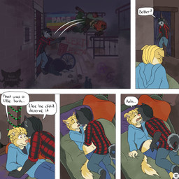 5_panel_comic angry anthro barefoot bed black_body black_hair blonde_hair blue_eyes bottomwear clothed clothing clothing_lift curtains dialogue doorway ears_up eyes_closed feet flannel_shirt fondling french_kissing fur furniture graffiti grey_body grey_fur group hair hand_on_crotch hand_on_shoulder hand_under_shirt hoodie kissing logo looking_pleasured lying male male/male moan on_back on_bed page_number pants red_hair shirt shirt_lift shocked stairs sweater tail tail_tuft text throwing_another toothy_grin topwear trio tuft yellow_body yellow_fur kriek_wildebeest jeremy_(kriek_wildebeest) ravi_(kriek_wildebeest) tom_(kriek_wildebeest) border_collie canid canine canis collie domestic_dog herding_dog husky hybrid mammal nordic_sled_dog pastoral_dog portuguese_water_dog sheepdog spitz wolf 1:1 artist_logo comic english_text hi_res multiple_scenes