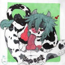 anthro areola belly_tattoo blush butt duo ear_piercing ear_ring fellatio female genitals green_background green_eyes hair hooves horn kneeling_oral_position knot knotted_penis leg_tattoo male male/female offscreen_male oral penile penis piercing ring_piercing sex simple_background tattoo teal_hair mootsncompany eion_(mootsncompany) mumei_(mootsncompany) bovid bovine canid canine canis cattle dalmatian domestic_dog holstein_friesian_cattle mammal absurd_res hi_res sketch traditional_media_(artwork)