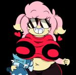 belly big_breasts breasts clothed clothing duo eyewear female hair huge_breasts male overweight simple_background sunglasses transparent_background dewbber nintendo pokemon quote_the_audino tusks_the_dewott audino dewott generation_5_pokemon pokemon_(species) alpha_channel hi_res