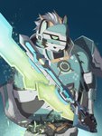 anthro armor blue_body blue_fur fur green_eyes laser_sword machine male muscular muscular_anthro muscular_male power_armor science_fiction solo superhero 581rsiy lifewonders live_a_hero rexer felid mammal pantherine tiger 3:4 hi_res