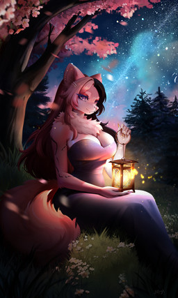 anthro big_breasts breasts female forest forest_background hair looking_at_viewer milky_way nature nature_background night pink_body pink_hair plant sky skyscape solo spring tree laffisa canid canine fox mammal absurd_res hi_res