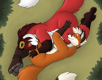 accessory anklet anthro barefoot bracelet breasts cuddling duo ear_piercing ear_ring feet female female/female flower flower_in_hair fluffy fluffy_tail forest grass hair hair_accessory half-closed_eyes jewelry lying multicolored_body narrowed_eyes nude nudist on_side overweight piercing plant plantigrade ring_piercing tail tree bigladydragon juno_lilikoi marie_(bigladydragon) canid canine fox mammal 2026 hi_res