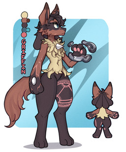 ambiguous_gender anthro arm_scar athletic athletic_ambiguous athletic_anthro big_ears biped blue_eyes brown_body brown_fur chest_spike color_swatch digitigrade dog_tail fluffy fluffy_chest fluffy_hair fluffy_tail fur hair hand_spike leg_tattoo magic_user navel pawpads scar snout solo spikes spikes_(anatomy) tail tattoo unknown_artist nintendo pokemon griffin_(but_jet) generation_4_pokemon lucario pokemon_(species) absurd_res hi_res model_sheet female_(lore)