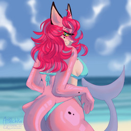 anthro big_butt bikini bikini_thong bikini_top breasts butt clothing female long_tail medium_breasts non-mammal_breasts pink_body shark_tail solo swimwear tail thick_thighs thong two-piece_swimsuit underwear wide_hips artechka aquatic fish hybrid shark absurd_res hi_res