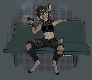 anthro black_bottomwear black_clothing black_collar black_pants black_topwear bottomwear brown_body brown_fur brown_hair cigarette clothed clothing collar cross cross_necklace denim denim_bottomwear denim_clothing front_view fur hair holding_cigarette holding_object inner_ear_fluff jeans jewelry male narrowed_eyes necklace open_mouth pants simple_background sitting smoking smoking_cigarette solo spread_legs spreading tan_body tan_fur tan_inner_ear_fluff text topwear torn_bottomwear torn_clothing torn_pants tuft bucklucky lucky_(bucklucky) deer mammal new_world_deer white-tailed_deer artist_name full-length_portrait portrait trans_(lore) trans_man_(lore)