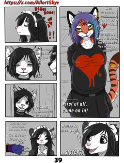 anthro black_eyes black_nose bodily_fluids clothing dialogue duo female fur grey_body grey_fur maid_uniform male pink_nose pregnant pregnant_anthro pregnant_female simple_background tears text uniform white_body white_fur allartskye evelyne_(allartskye) kia_(allartskye) tyara_(allartskye) american_opossum domestic_cat felid feline felis mammal marsupial pantherine tiger comic english_text hi_res url