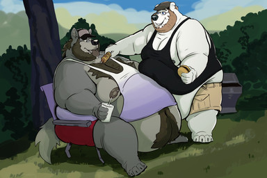 anthro areola barbell_piercing beard belly belly_overhang belly_peek beverage big_belly big_moobs bodily_fluids body_hair bottomwear burger chest_hair clothing drooling duo eating facial_hair feederism feeding_another feeding_partner folding_chair food forest happy_trail hat headgear headwear holding_beverage holding_food holding_object male male/male moobs nipple_piercing nipples obese outside overweight overweight_male piercing plant saliva shirt shorts sitting smile standing tank_top topwear tree trucker_hat tcw bear canid canine canis mammal polar_bear ursine wolf hi_res