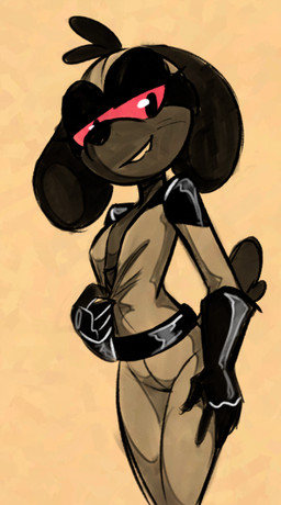 anthro bedroom_eyes biped bite biting_lip biting_own_lip black_clothing black_eyes black_gloves black_handwear black_nose bodysuit breasts clothed clothing female floppy_ears front_view gloves handwear head_tuft looking_at_viewer narrowed_eyes seductive self_bite simple_background skinsuit solo standing teeth tight_clothing tuft undressing soulcentinel canid canine canis domestic_dog mammal 2023 character_request portrait three-quarter_portrait