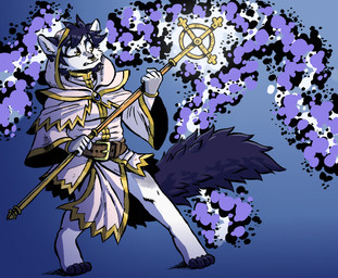 anthro barefoot belt blue_hair cleric clothing cross facial_piercing feet fur gradient_background hair holding_object holding_weapon magic magic_user male nose_piercing nose_ring piercing ring_piercing robe simple_background snarling solo staff standing weapon white_body white_clothing white_fur yellow_eyes gutter-bunny domestic_cat felid feline felis mammal 2018 absurd_res hi_res