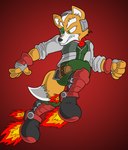 anthro black_nose boots clothing fingerless_gloves flying footwear gloves green_eyes gun handwear holster jacket male ranged_weapon rocket_boots shoes solo teeth topwear weapon how-did-we-get-here nintendo star_fox fox_mccloud canid canine fox mammal hi_res