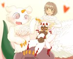 1_horn ambiguous_gender anthro brown_body brown_skin claws feathers female feral fluffy fur group heart_symbol horn simple_background spiral_eyes trio white_body white_fur yellow_background seirei chiikawa delicious_in_dungeon made_in_abyss mythology nagano anoko falin_touden faputa avian chimera dragon mythological_creature mythological_scalie narehate reptile scalie taur 2024 5:4