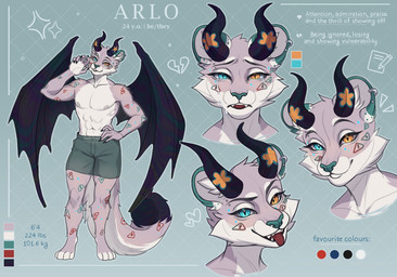 anthro black_wings clothing ear_piercing ear_ring eyebrow_piercing facial_piercing fluffy fluffy_tail horn long_tail male piercing ring_piercing solo spread_wings tail tan_body wings drkot felid feline mammal absurd_res hi_res model_sheet