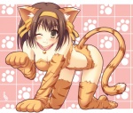 blush breasts brown_eyes brown_hair cleavage clothed clothing collar female hair one_eye_closed solo suit tail wink unknown_artist haruhi_suzumiya animal_humanoid cat_humanoid felid felid_humanoid feline feline_humanoid humanoid mammal mammal_humanoid