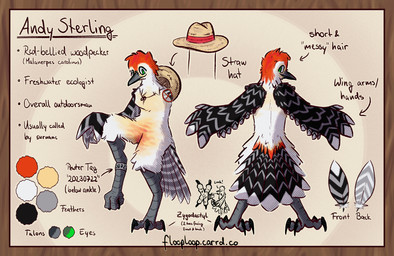 4_toes anatomically_correct_feet anthro band_accessory beak black_body black_markings black_wings clothing color_swatch feathered_wings feathers feet green_eyes grey_beak grey_legs hat head_tuft headgear headwear id_bracelet id_card id_number legband long_beak looking_at_viewer looking_back markings multicolored_body on_one_leg orange_markings red_markings ring_(jewelry) simple_background solo standing straw_hat stripes talons tan_background text toes tuft white_body white_stripes winged_arms wings zygodactyl flooploop cc-by-nc-sa creative_commons andy_sterling avian bird picid red-bellied_woodpecker woodpecker 2025 absurd_res digital_drawing_(artwork) digital_media_(artwork) english_text hi_res model_sheet signature