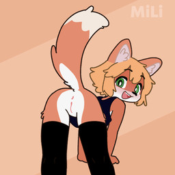 anthro anus blonde_hair blush bottomless butt clothed clothing female genitals green_eyes hair humanoid_genitalia humanoid_vulva legwear looking_at_viewer looking_back looking_back_at_viewer open_mouth orange_body shirt simple_background solo tank_top thigh_highs topwear vulva white_body mili canid canine fox mammal 1:1 watermark