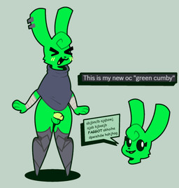 anthro artificial_intelligence balls blush cloak clothing femboy genitals homophobic_slur male nude penis prosthetic prosthetic_leg prosthetic_limb slur solo stockingmiami green_cumby_(stockingmiami) digital_creature lagomorph leporid mammal rabbit hi_res