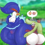 1:1 absurd_res animal_genitalia anthro balls beak big_balls big_butt bodily_fluids butt dot_eyes duo english_text exclamation_point female generation_7_pokemon generation_9_pokemon genitals hi_res huge_balls huge_butt huge_thighs humanoid hyper hyper_hips hyper_thighs larger_anthro larger_male male multicolored_body nintendo nipples nude onomatopoeia open_beak open_mouth plapjax pokemon pokemon_(species) quaquaval question_mark red_eyes sheath size_difference smaller_female smaller_humanoid sound_effects speech_bubble sweat sweaty_butt text thick_thighs tsareena two_tone_body wide_hips