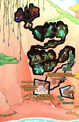 anthro beach cave dialogue duo fantasy laugh magic male nonsexualized_young text fek the_sparks_of_daybreak fekkri_talot rikken_talot catfolk haplorhine mammal monkey primate absurd_res comic english_text hi_res