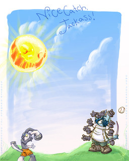 anthro blue_hair boots border bottomwear clothed clothing cloud day detailed_background dialogue duo footwear fur gloves grass grey_body grey_fur hair handwear heterochromia male multi_limb outside plant shirt shoes shorts sky sun tail text topwear white_border mag sleepdep lungile omni mammal 4:5 english_text
