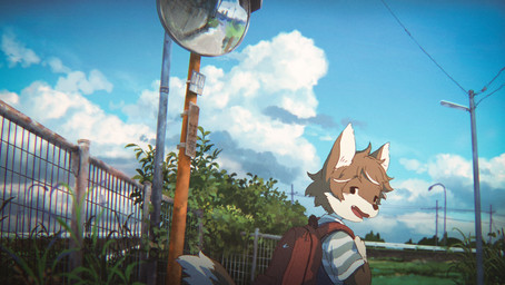 anthro backpack clothing kemono looking_at_viewer looking_back looking_back_at_viewer male mirror open_mouth outside overalls pattern_clothing pattern_shirt pattern_topwear red_backpack shirt solo striped_clothing striped_shirt striped_topwear stripes topwear young young_anthro young_male nishiko24 ookami_(nishiko24) canid canine canis mammal wolf 2024 hi_res japanese_description