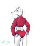 anthro butt butt_pose clothed clothing female fur hair looking_at_viewer pose smile solo white_body white_fur mozeeeeeeeee bovid caprine mammal hi_res