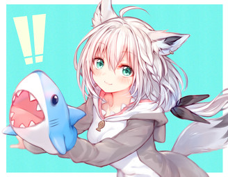 clothed clothing ear_piercing female grey_clothing hair inner_ear_fluff looking_at_viewer monotone_hair piercing puppet tuft two_tone_tail sukemyon hololive vtuber shirakami_fubuki animal_humanoid canid canid_humanoid canine canine_humanoid fox_humanoid humanoid mammal mammal_humanoid digital_media_(artwork) hi_res shaded