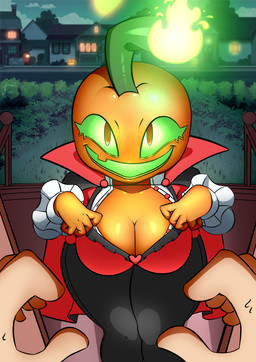 5_fingers ambiguous_gender biped black_clothing bodily_fluids bottomwear breasts building cleavage cloak clothed clothing disembodied_hand duo eyebrows eyelashes female fingers fire first_person_view front_view fully_clothed glistening grass green_sclera house looking_at_viewer not_furry open_mouth open_smile orange_body plant red_clothing smile standing sweat thick_thighs topwear taihen_(artist) electronic_arts plants_vs._zombies popcap_games elemental_creature elemental_humanoid flora_fauna humanoid jack_o'_lantern_(pvz) plant_humanoid 2023 absurd_res digital_drawing_(artwork) digital_media_(artwork) hi_res