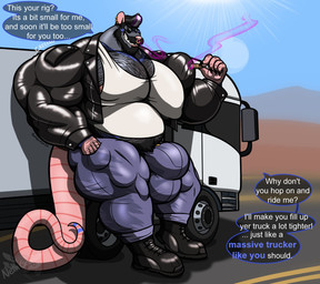anthro areola areola_slip barazoku beard belly big_bulge big_muscles big_pecs biped body_hair boots bulge chest_hair cigar clothing detailed_bulge dialogue ear_piercing ear_ring eyewear facial_hair facial_piercing footwear growth hair happy_trail heavy_truck huge_pecs implied_growth male male_anthro musclegut muscular muscular_arms muscular_legs muscular_male nipple_outline nose_piercing nose_ring offering_sex pecs piercing propositioning ring_piercing road semi-trailer_truck septum_piercing septum_ring shoes smile smoking solo sunglasses tail talking_to_viewer text truck trucker vehicle nethgoorat neth_rusiki_azhti mammal murid murine rat rodent english_text hi_res