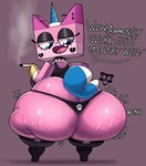 alternative_fashion anthro big_butt blue_eyes breasts butt cigarette clothing dialogue female goth horn huge_butt mall_goth pink_body short_stack simple_background smoking solo sound_effects text thick_thighs thong underwear thedeathcrow05 cartoon_network lego the_lego_movie unikitty! unikitty domestic_cat felid feline felis mammal digital_media_(artwork) english_text hi_res