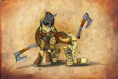armor axe beard blonde_hair clothed clothing facial_hair feral frown fur hair headgear helmet horn jewelry long_hair male melee_weapon necklace open_mouth orange_body orange_fur pose shield shirt solo standing topwear weapon wreky hasbro my_little_pony mythology fan_character equid equine mammal mythological_creature mythological_equine unicorn 2012 hi_res