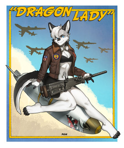 anthro black_body black_fur blue_eyes bra breasts clothed clothing eyebrows eyelashes eyewear feet female fingerless_(marking) fur goggles goggles_around_neck grey_body grey_fur gun hair inner_ear_fluff jacket leather leather_clothing leather_jacket leather_topwear looking_at_viewer m1919 machine_gun midriff navel outside pose ranged_weapon solo text toeless_(marking) topwear tuft underwear weapon white_body white_fur white_hair pgm300 b-52 canid canine mammal 2022 absurd_res digital_media_(artwork) english_text hi_res pinup shaded