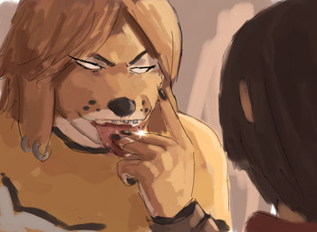 5_fingers anthro black_nails braces brown_hair clothing colored_nails dominant dominant_female duo ear_piercing ear_ring empty_eyes eye_contact female fingers fur hair looking_at_another male male/female nails open_mouth open_smile pawpads piercing ring_piercing shirt smile tan_body tan_fur tongue tongue_out topwear redustheriotact buffy_(sumamiarts) canid canine canis domestic_dog human mammal 2026 absurd_res hi_res