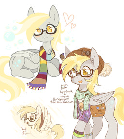 2010s_theme :3 :d alternative_fashion blonde_hair bracelet brown_bag brown_clothing brown_hat brown_headwear bubble clothed clothed_female clothed_feral clothing cosmic_clothing eyewear female female_feral feral folded_wings glasses green_bracelet green_scarf grey_body hair hat headgear headwear heart_symbol hipster jewelry looking_at_viewer lying multicolored_scarf multiple_angles on_front open_mouth open_smile pattern_clothing pattern_scarf scarf simple_background smile solo striped_clothing striped_scarf stripes style_emulation tail white_background wings wristband yellow_eyes yellow_tail chatoyancy friendship_is_magic hasbro my_little_pony mythology derpy_hooves_(mlp) equid equine mammal mythological_creature mythological_equine pegasus 2025 hi_res multiple_images warm_colors