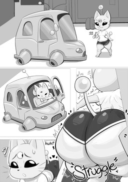 anthro big_butt biped bottomwear breasts butt clothed clothing female huge_butt mouth_closed onomatopoeia question_mark shorts smile solo sound_effects stuck tail text vehicle whiskers wide_hips nebssik alien felid feline mammal absurd_res comic english_text hi_res monochrome
