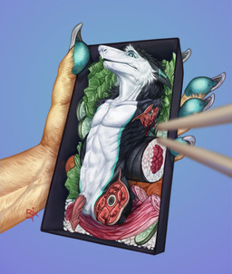 4_missing_limbs ambiguous_gender amputee anatomically_correct anatomically_correct_genitalia anatomically_correct_penis animal_genitalia anthro balls black_body black_fur blood blue_background blue_eyes blue_markings bodily_fluids character_prepared_as_food cheek_tuft chopsticks claws detached_sheath disability duo ears_back facial_tuft finger_claws fingerpads flaccid food fur genitals glistening glistening_eyes gore grey_claws head_tuft logo looking_at_viewer male markings mouth_closed pawpads penis pivoted_ears quadruple_amputee red_penis salad sergal_penis sheath simple_background solo_focus sushi tapering_glans tuft white_balls white_body white_fur white_sheath riorix schmitt sergal 2019 artist_logo dated hi_res