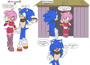 anthro bedroom_eyes blush chili_dog date duo eating eating_food female flirting food hot_dog inviting_to_sex male narrowed_eyes scarf seductive tail text arrow_hearted sega sonic_boom sonic_the_hedgehog_(series) amy_rose amy_rose_(boom) sonic_the_hedgehog eulipotyphlan hedgehog mammal english_text