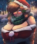 anthro arm_under_breasts big_breasts blue_eyes breasts brown_hair christmas_clothing christmas_headwear city cleavage clothed clothing eyelashes female fur hair hair_over_eye hat headgear headwear holidays holly_(plant) hoof_hands horn looking_at_viewer night one_eye_obstructed pink_nose plant santa_hat scarf sky snow snowing solo tan_body tan_fur ardail christmas mocha_latte_(ardail) bovid bovine cattle mammal 5:6 absurd_res hi_res