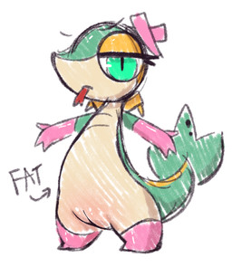 anthro armwear biped blep chibi clothed clothing eyebrows featureless_chest female female_anthro feral fingers forked_tongue furgonomic_piercing furgonomics genitals gloves green_body handwear leaf leaf_tail legwear looking_at_viewer mostly_nude multicolored_body nude partially_clothed piercing pink_armwear pink_clothing pink_gloves pink_handwear pupils semi-anthro simple_background slit_pupils snout solo standing tail tail_piercing tan_body teal_eyes text tongue tongue_out vulva white_background white_sclera yellow_body r-mk nintendo pokemon snivy_brat generation_5_pokemon pokemon_(species) reptile scalie snake snivy 2026 digital_media_(artwork) english_text sketch