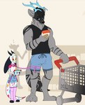 anthro duo horn leash male male/male public shopping size_difference spots suspender_shorts tablet tablet_computer aether_stripes apple_inc. ipad anser_trikartah canid canine canis mammal monster wolf hi_res meme